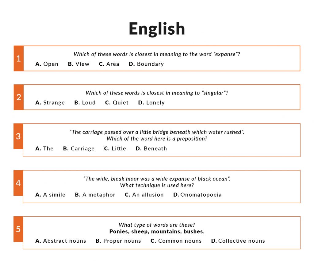 Examples of English questions in the 11 plus